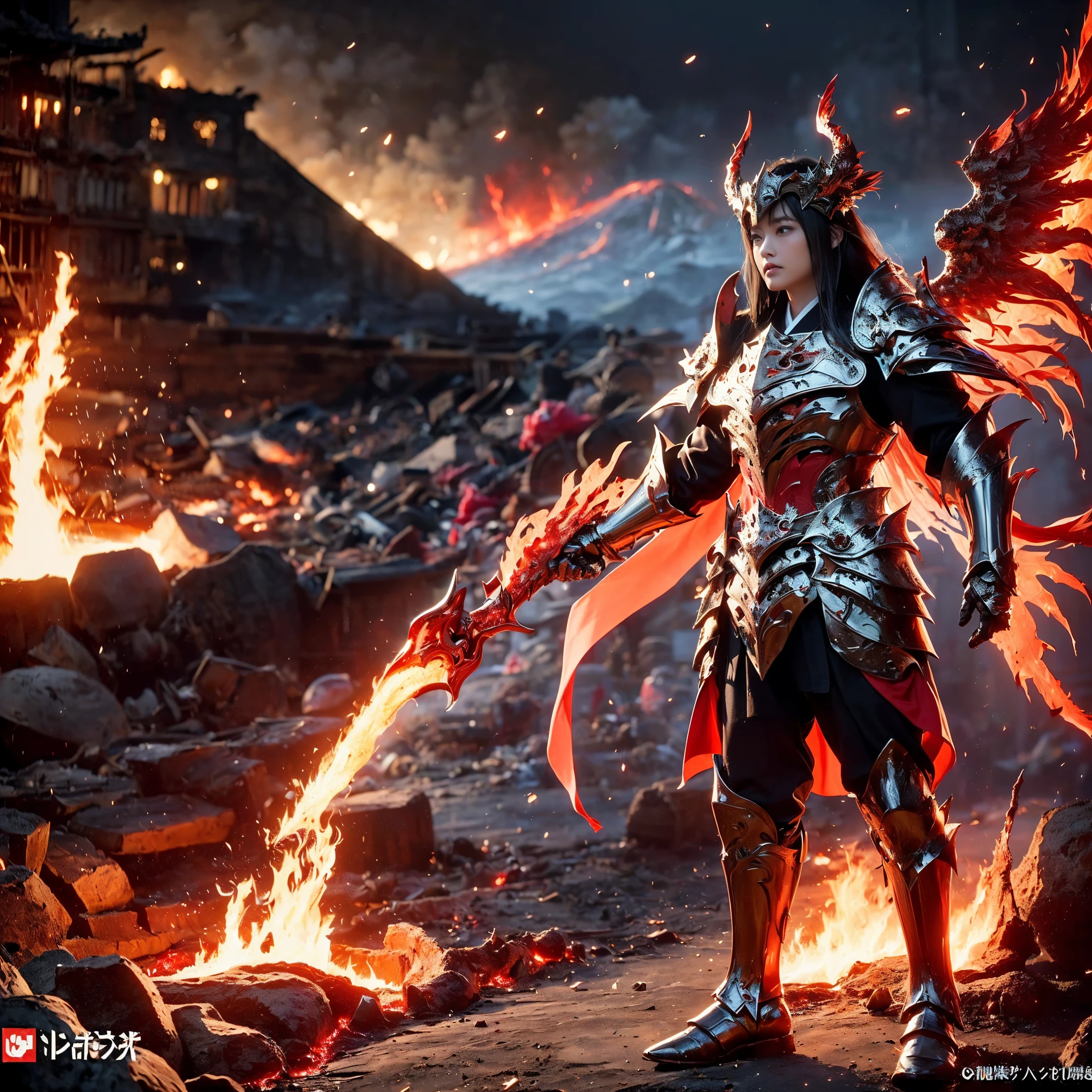 (((Realistic, masterpiece, best quality, crisp detail, high definition, high detail, very rich detail, sharp focus, sharp detail, colorful, rich color, perfect studio lightning))), ((20 years old, japanese goddess of hell, kasumi arimura)),(((in the middle of war, epic war scene))), wearing (((beautiful decorated golden heavy armor, phoenix armor, phoenix tails, decorated full body armor, fully armored beautiful kimono, wide colorful phoenix wings, blue aura))), (flying, floating, air attack stance, burning hands, holding fantasy weapon, blood scattered face, blood tears, blood bath, blood shed), (((fire everywhere, blood everywhere, death everywhere, japan bakumatsu period, dead bodies,carcass,burned japanese castle,hellish,chaos, hell fire, infernal molten lava land, erupting volcano)) burned traditional village background), shot from below