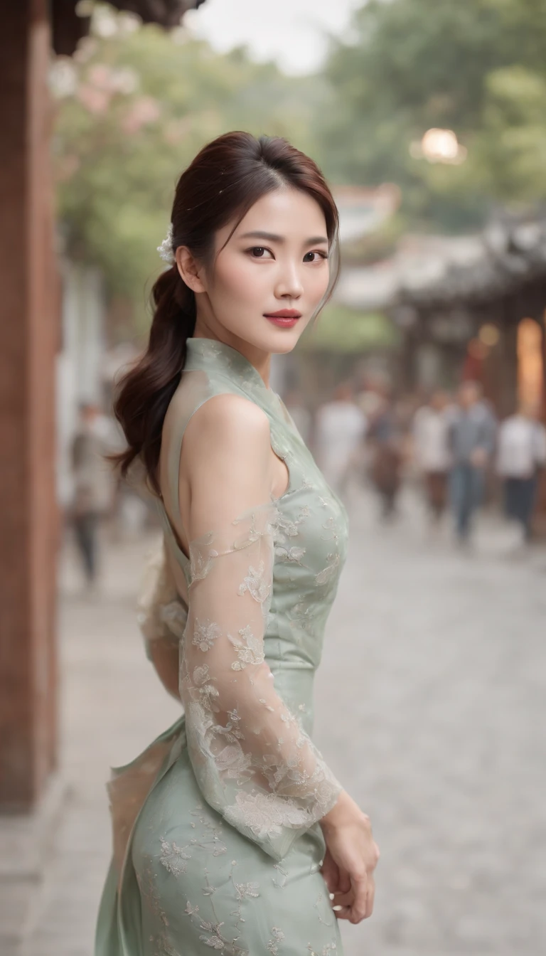 (highres,best quality,8k:1.2),beautiful 40-year-old Taiwanese woman, hair tied up in a ponytail, elegant subtle makeup on a delicate face (realistic skin), (visible long slender legs), high-slit cheongsam dress with high heels, a melancholic expression, walking on the street, ultra-detailed and realistic, camera zoomed out, facing the lens, ultra-high definition 8k, lifelike lighting, more details