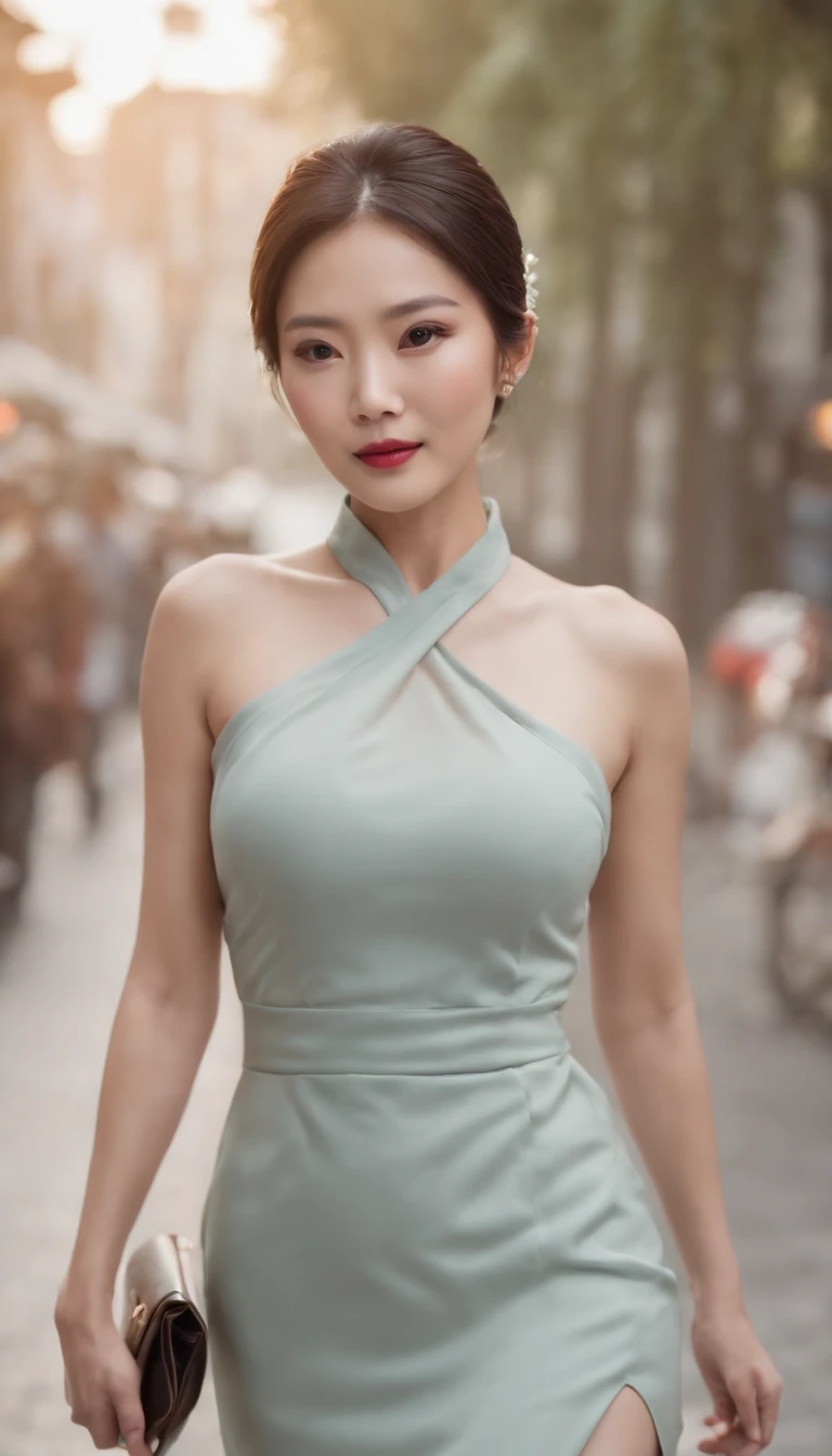 (highres,best quality,8k:1.2),beautiful 40-year-old Taiwanese woman, hair tied up in a ponytail, elegant subtle makeup on a delicate face (realistic skin), (visible long slender legs), high-slit cheongsam dress with high heels, a melancholic expression, walking on the street, ultra-detailed and realistic, camera zoomed out, facing the lens, ultra-high definition 8k, lifelike lighting, more details