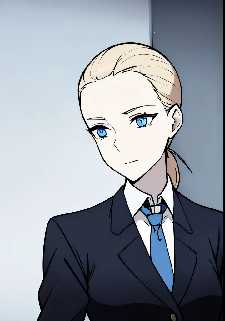 One Young Adult female, pale blonde slicked back into a short ponytail with a single bang on the left hand side, steel blue eyes, light and carefree expression, wearing black suit jacket and tie, portrait style, facing forwards