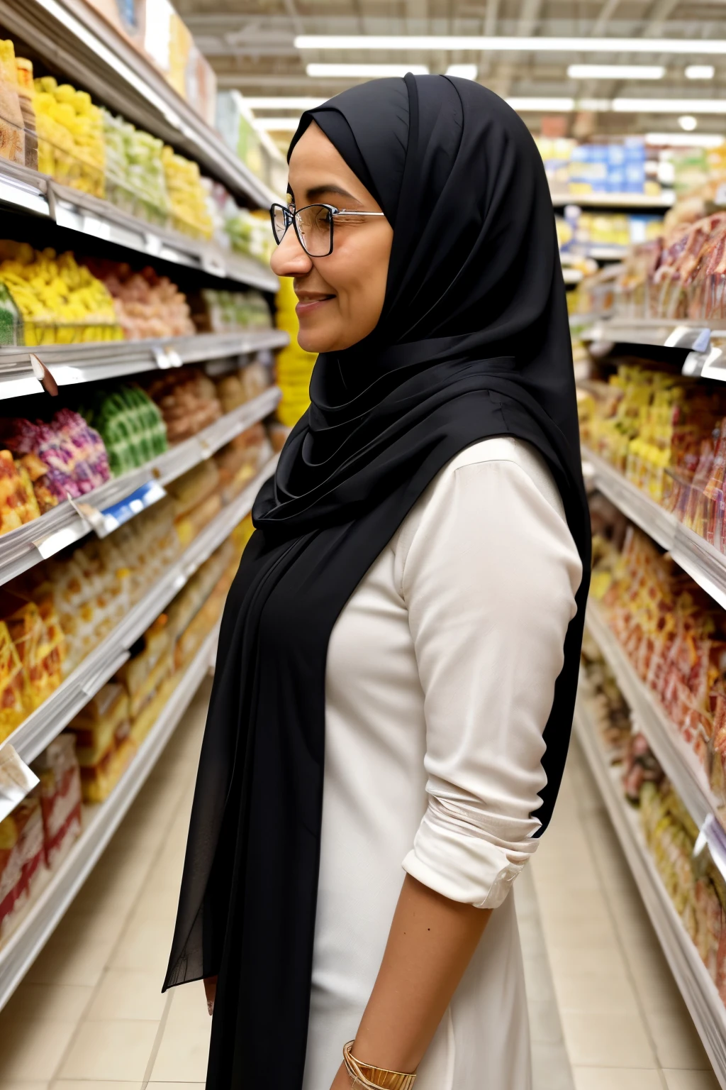 ((best quality)), ((masterpiece)), (detailed), full body ,rule of thirds,side view of a standing naked skinny white tunisian woman aged 60 wearing optical rectangle glasses and hassilver bracelet in her right hand and wearing a black normal waistcoat made of coton and a yellow hijab and a black robe in a grocery store picking up almonds with her aged hands , nude , saggy breasts , colorful outfit,garden and flowers patterns in her hijab,looking with seductive eyes and smile from the side.