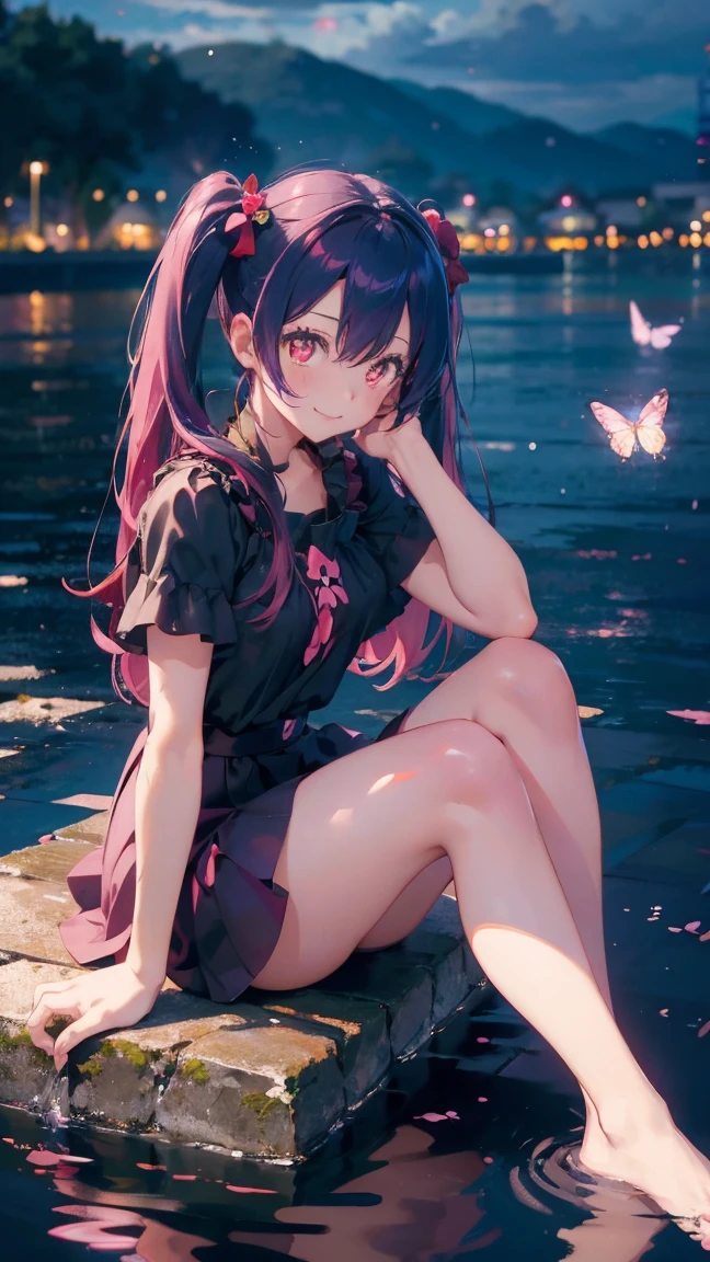 1 anime girl, alone,Black petals flutter, A mysteriously shining butterfly.city,bright pink hair,bright red jewel eyes,twin tails,thin legs,Gloomy cloudy sky,very clear,highest quality,smile,close up of face,Sit in the water,barefoot,cherry blossoms,turn to the side,cherry blossomsミク,
