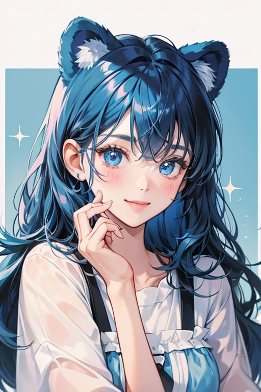 As her name suggests, Bluebear is a light-blue bear. She has dark blue hair with two symmetric bangs, and a white-tipped muzzle and paws, complete with white inside her ears with a dark blue outside. She has dark, wide eyes and light pink blush. In Animal Forest, Bluebear's eyes are bigger and has a different smile. She looks like Olive, another cub, or Dotty, another peppy villager. SPARKLE; GLITTER