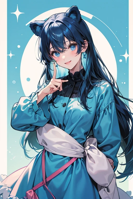 As her name suggests, Bluebear is a light-blue bear. She has dark blue hair with two symmetric bangs, and a white-tipped muzzle and paws, complete with white inside her ears with a dark blue outside. She has dark, wide eyes and light pink blush. In Animal Forest, Bluebear's eyes are bigger and has a different smile. She looks like Olive, another cub, or Dotty, another peppy villager.  SPARKLE; GLITTER