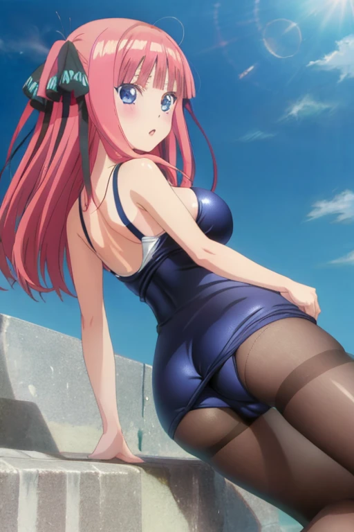 best quality, ultra-detailed masterpiece, anime art style, cute characters, nino nakano, one-piece swimsuit, large breasts, pantyhose, open legs, back