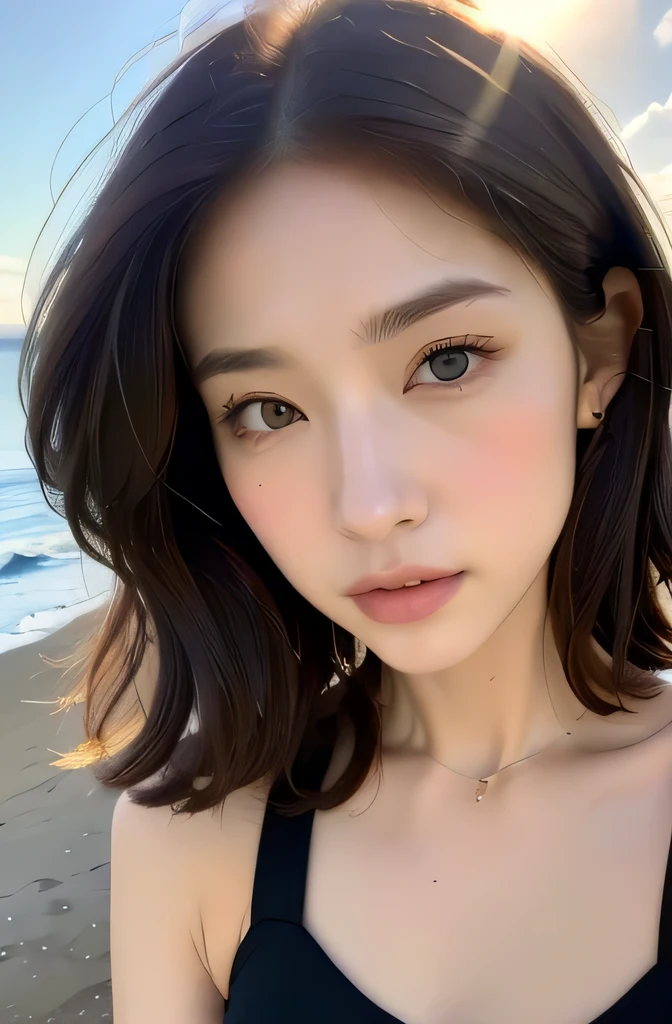 1 girl:1.3）,brown hair, (8K, highest quality, master piece:1.2), (realistic, realistic:1.37), super detailed, adorable, solo, cute japanese woman，by bangs, curly, long hair, ponytail,beautiful and delicate eyes,very detailed face and eyes，swimsuit，side body， sea beach，and the sun was shining brightly,beautiful detailed sky