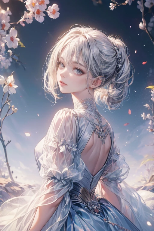 (best quality:1.4,masterpiece:1.4),ultra-high resolution,8K,CG,exquisite,upper body,,Girl, silver hair, grey eyes, flat face , silver long dress, magical background, looking front from beside