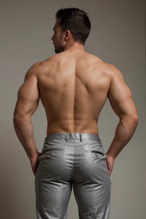 realistic photo of Very muscular, hairy and masculine mature man, full body, formal gray metalic tigth pants, bubble butt, backside, facing the camera.