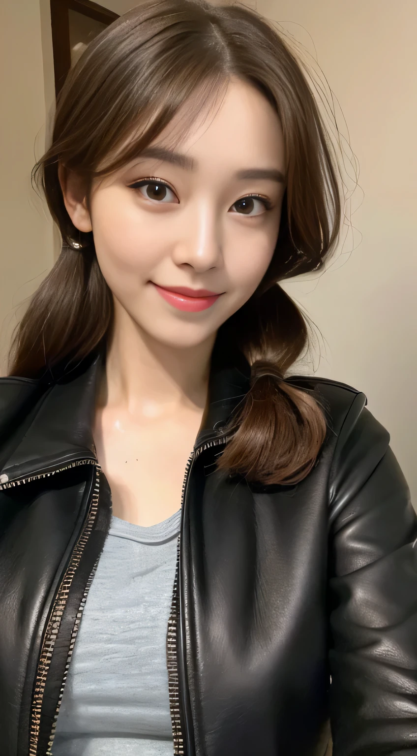 ((highest quality, 8K, masterpiece: 1.3)), 1 girl, The beauty of slim abs: 1.3, (casual hairstyles, big breasts: 1.2), dress: 1.1, super detailed face, fine eyes, double eyelid, smile, Home, Black leather jacket