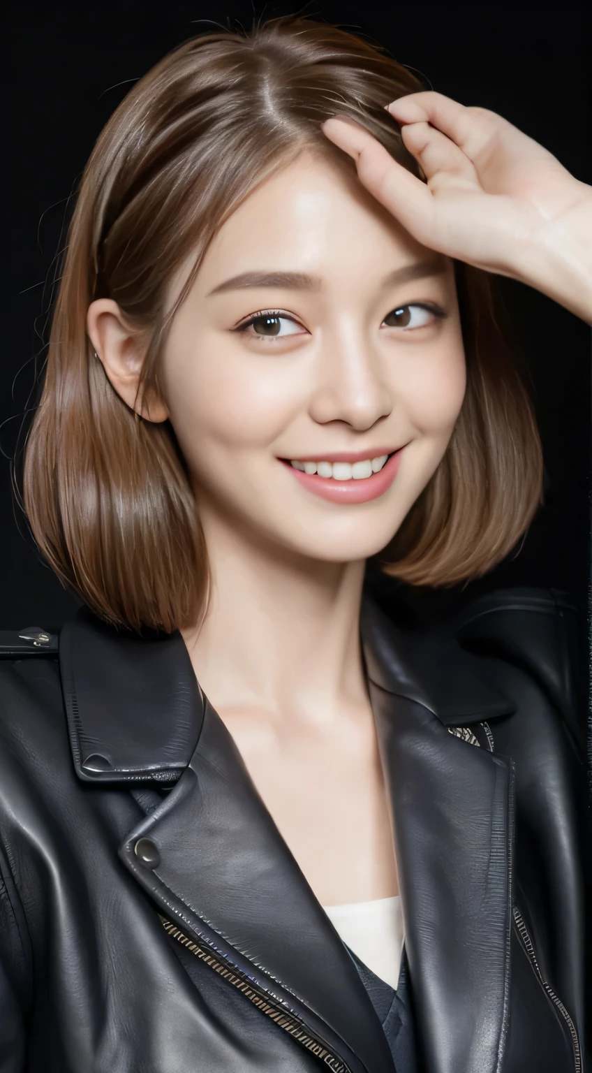 ((highest quality, 8K, masterpiece: 1.3)), 1 girl, The beauty of slim abs: 1.3, (casual hairstyles, big breasts: 1.2), dress: 1.1, super detailed face, fine eyes, double eyelid, smile, Home, Black leather jacket