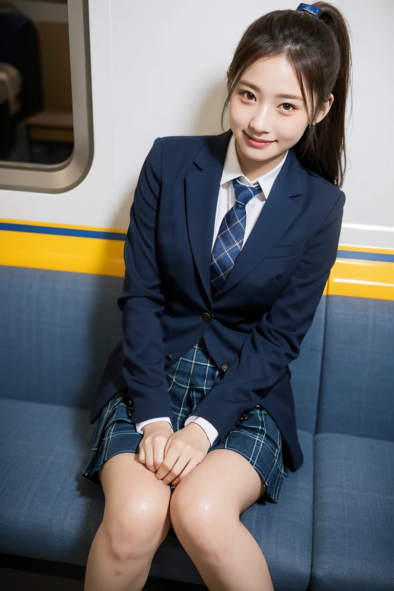 (8K), (highest quality: 1.2), (realistic), (realistic: 1.37), ultra high resolution, 1 girl, cute, smile, closed mouth, beautiful details, beautiful nose, wet hair, giant dulcefo, pork, thighs,Self snap,University Student Uniform,Sitting on a Tokyo train,simple blazer,pleated skirt,(The pattern of the skirt and tie is a dark blue tartan check pattern..:1.3),(The plaid pattern on the skirt is a little small..:1.2),cross your legs, From above,thighs,ponytail,