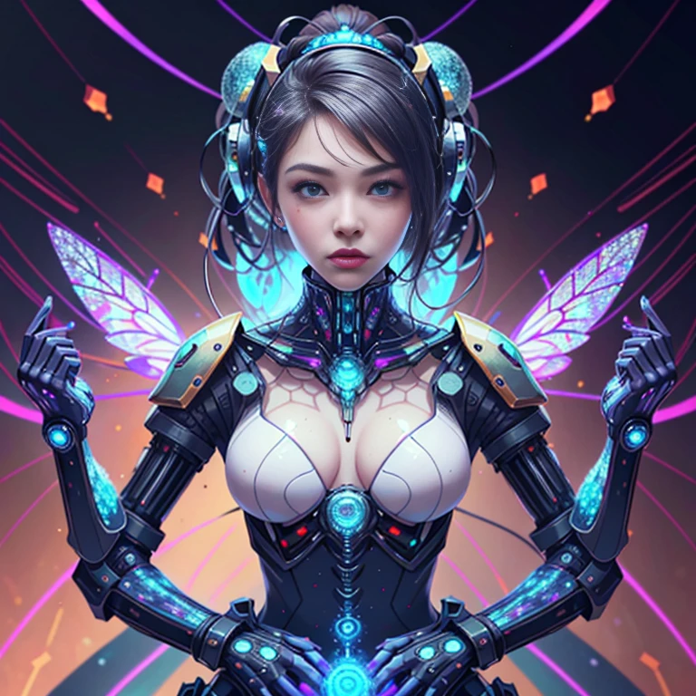 (best quality,4k,8k,highres,masterpiece:1.37), ultra-detailed, (realistic,photorealistic,photo-realistic:1.5), (aerial view), (top down perspective), (1insectoid woman), (the focal point is one woman pulling a video game cartridge out of a futuristic artifact chest full of retro video game cartridges:1.6), (the woman is looking down:1.5), (Futuristic artifact box), (The woman is looking inside the artifact box:1.6), (the artifact box is open), (The scene unfolds inside a mystical cavern:1.4), fractal_body, (The woman is wearing an insectoid exoskeleton made with glass details:1.5), (dynamic angle:1.4), (The woman hair is made of fractal technologic components:1.7), (fantasy and sci-fi mixed:1.5), holographic glitch effects floats around the woman, vibrant colors, (A purple glow emanates from inside the treasure chest), glowing lights, (abandoned machinery), (there are old video game cartridges and consoles on the background), mystical creatures, pixelated details, (there are crystal formations spreading on the background), (futuristic technology), (ancient artifacts), mystical energy, vibrant retro aesthetic, atmospheric lighting, hidden passages, ancient ruins, mysterious symbols, shimmering water, lush vegetation, interdimensional portals, ethereal music, nostalgic atmosphere, immersive storytelling, epic adventure, delightful surprises