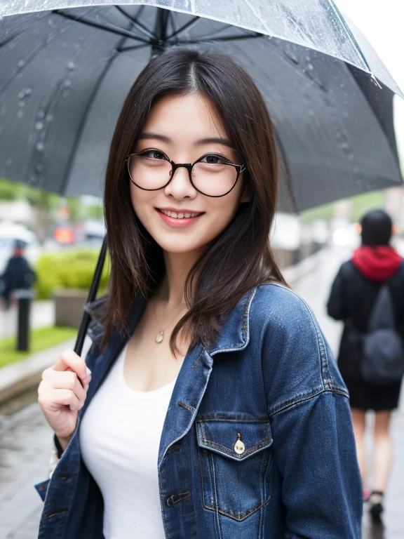 ((最high quality、8K、masterpiece、portrait:1.3)), hair, fine eyes, high quality, beautiful japanese woman, 38 years old, wear glasses,plump body, big breasts、cleavage,黒く長いhair、it's raining、Standing with an umbrella、Black Simple T-Shirt、The jacket is a gray hoodie、skinny denim、Rain shoes、smile gently、The background is the commute to work at the city station.、best shot