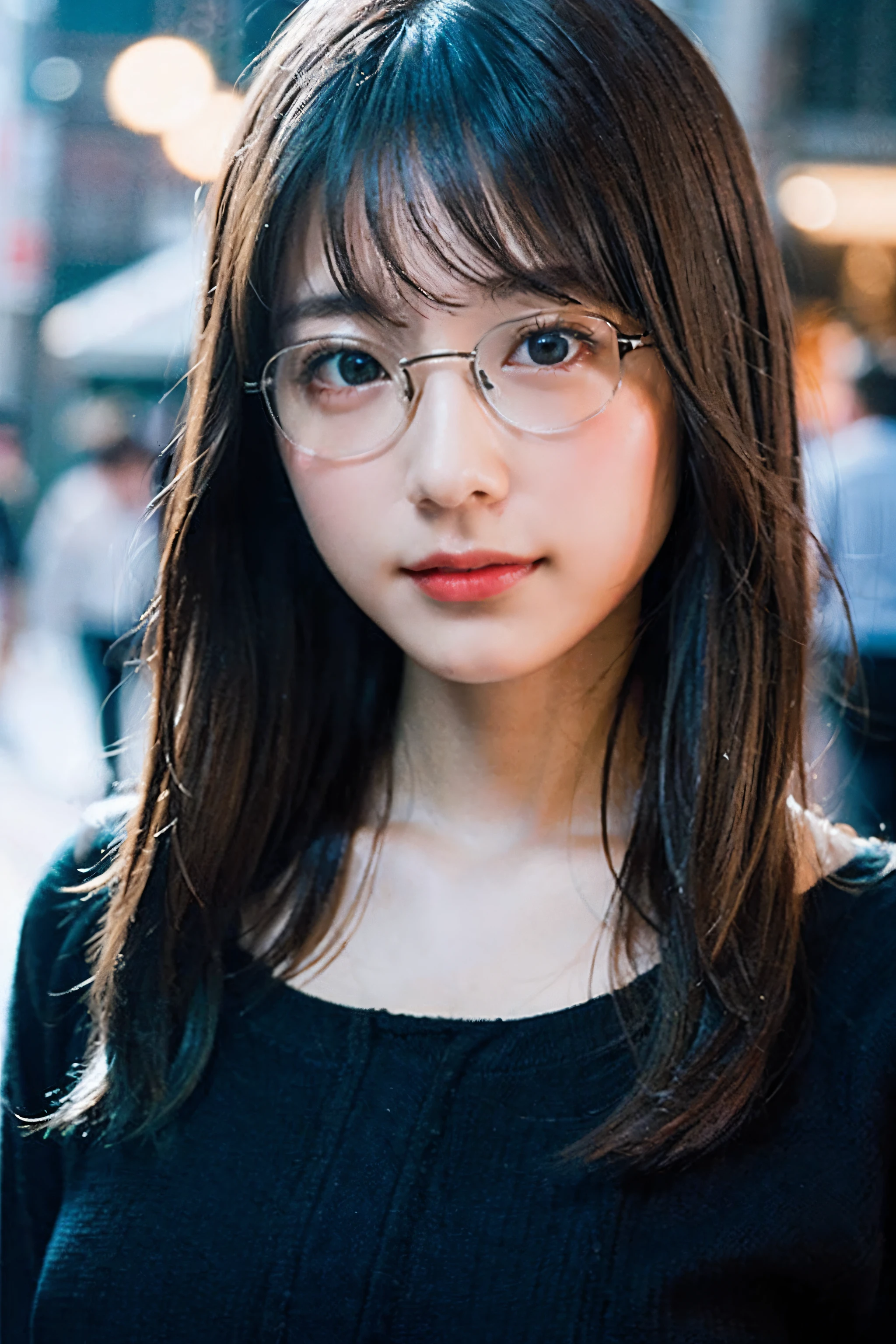 (8K、Raw photography、top-quality、​masterpiece:1.2)、(realisitic、Photorealsitic:1.37)、ultra-detailliert、超A high resolution、1 girl、see the beholder、beautifull detailed face、A smile、Constriction、(Slim waist) :1.3)、summer clothing、Beautiful detailed skin、Skin Texture、Floating hair、Professional Lighting、In the city in heavy rain、Hair or clothes are wet、Black square glasses 、Whole human body、Brown hair