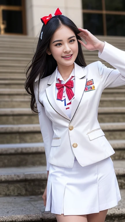 (Girl Standing On School Steps),charming eyes,heartwarming action,turn away from the camera,raise your head,thick long black hair,highly detailed body,highly detailed face,highest quality、(P私NK Underwear),(high school girl),((white blazer、chest emblem))、(white blouse),((red bow tie)),((navy check flare skirt)),(black stockings)、(smile)