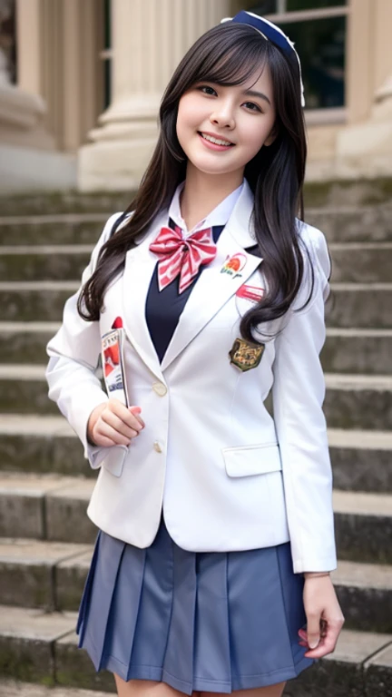 (Girl Standing On School Steps),charming eyes,heartwarming action,turn away from the camera,raise your head,thick long black hair,highly detailed body,highly detailed face,highest quality、(P私NK Underwear),(high school girl),((white blazer、chest emblem))、(white blouse),((red bow tie)),((navy check flare skirt)),(black stockings)、(smile)