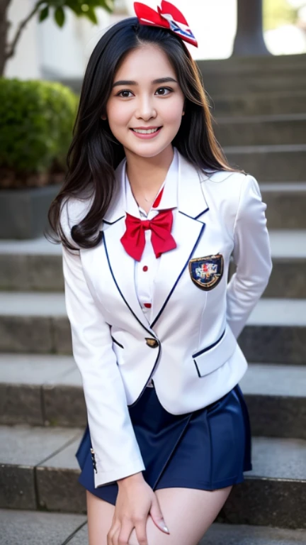 (Girl Standing On School Steps)，charming eyes，heartwarming action，turn away from the camera，raise your head，thick long black hair，highly detailed body，highly detailed face，highest quality、(P私NK Underwear),(high school girl),((white blazer、chest emblem))、(white blouse),((red bow tie)),((navy check flare skirt)),(black stockings)、(smile)