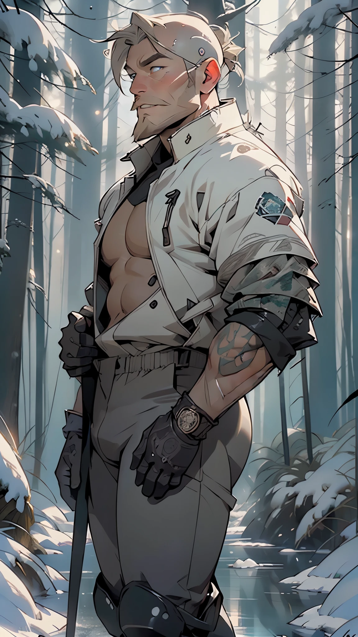 male, muscle, 1boy, big muscle, pectoral, muscular, ((semi bald:1.5)), 2 meter tall Danish man in his 40s, robust build, strong physique, wind bites on face,((wrinkles)),((blonde gray hair, thick mane of tousled hair, long and tall beard, icicles in beard)),((blue eyes)), rugged appearance, set of strong and slightly crooked teeth, heavy fur coat, sealskin boots, and thick layers of protective gear, an arctic explorer from 1900s, detailed face, detailed eyes, detailed skin,
((bulge in pants)),(((intricate outfit,intricate clothes))),
(dynamic pose:1.0),smiley,(centered,scale to fit dimensions,Rule of thirds),
((snowy pine forest at night, dark forest, swamp, murky water, foggy, creepy aura, eerie atmosphere)),with dark stormy clouds,winter,scenery:1.25,intricate scenery,((snow forest background)),
(Glossy winter ornaments),highres,sharp focus,(ultra detailed,extremely detailed),(photorealistic artwork:1.37),(extremely detailed CG unity 8k wallpaper),(((vibrant colors,vibrant theme))),(intricate),(masterpiece),(best quality),artistic photography,(photography taken by sldr),(intricate background),perfect rendered face,perfect face details,realistic face,photo realistic,((intricate detail)),(((realism))),