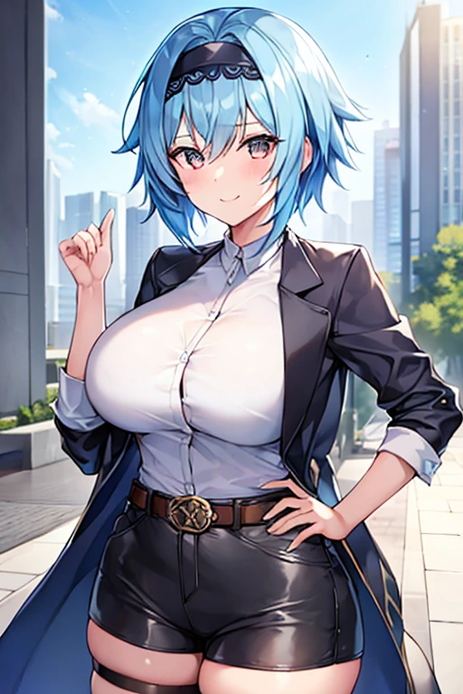 1girl, blue hair, very short hair, eula \(genshin impact\), black jacket, jacket, shirt, white shirt, black headband, headband, large breasts, breasts, thick thighs, hourglass figure, mature female, shorts, short pants, black shorts, urban, smile, normal clothes, simple clothes, happy, light smile, tall, tall female, city, cropped jacket, long shirt, ((cropped jacket)), cropped jacket, belt