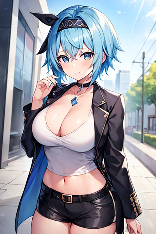 1girl, blue hair, very short hair, eula \(genshin impact\), black jacket, jacket, shirt, white shirt, black headband, headband, large breasts, breasts, thick thighs, hourglass figure, mature female, shorts, short pants, black shorts, urban, smile, normal clothes, simple clothes, happy, light smile, tall, tall female, city, cropped jacket, long shirt, ((cropped jacket)), cropped jacket, belt