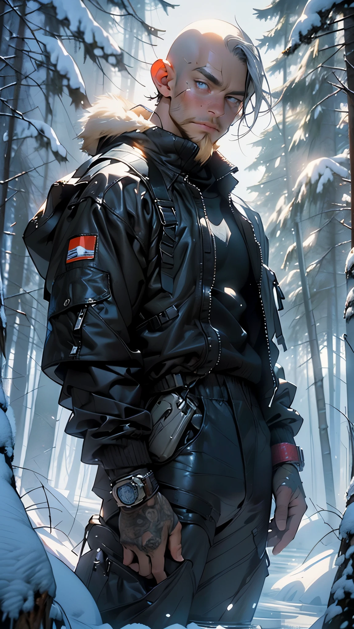 anime studio, anime artwork, anime artstyle, vibrant, score_9, score_8_up, score_7_up, source_anime, 1boy, solo, glavakolhoza_rosgvardiya, outdoors, snowy, military uniform, (dark blue pixel camouflage:1.2), winter jacket, winter cap, unit patch, standing, looking at viewer, <lora:glavakolhoza_rosgvardiya:0.75>, (from behind:1.2)