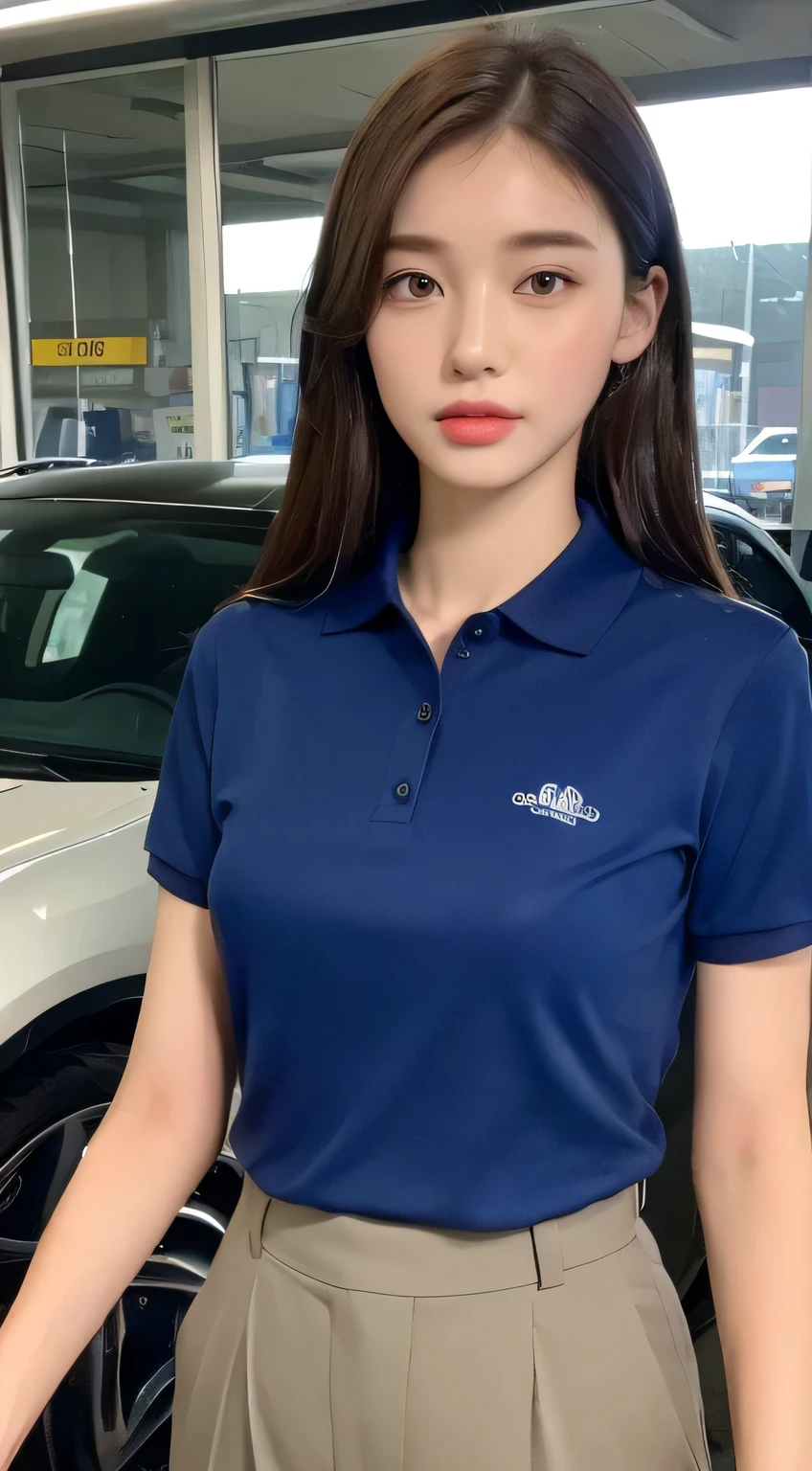 ((highest quality、8K、masterpiece:1.3)), Beautiful woman, 1 girl, :1.3, slender body shape :1.1, dark brown hair, (Car Shop Background, wet body,Inside the car shop factory、wearing a blue working polo shirt、wearing blue work pants), super detailed face, lip details, detailed eye, double eyelid
