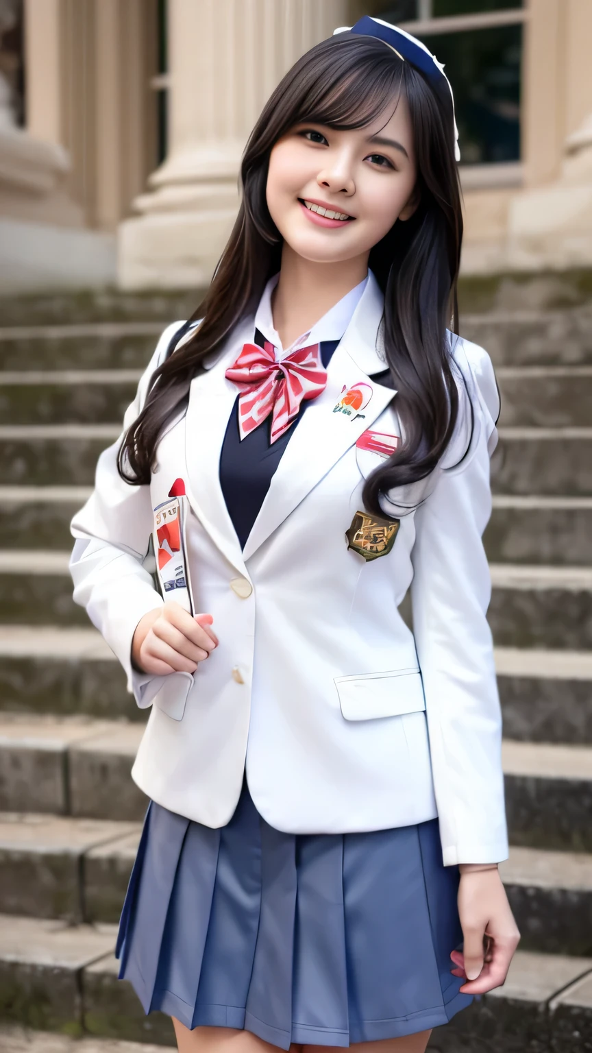 (Girl Standing On School Steps)，charming eyes，heartwarming action，turn away from the camera，raise your head，thick long black hair，highly detailed body，highly detailed face，highest quality、(P私NK Underwear),(high school girl),((white blazer、chest emblem))、(white blouse),((red bow tie)),((navy check flare skirt)),(black stockings)、(smile)