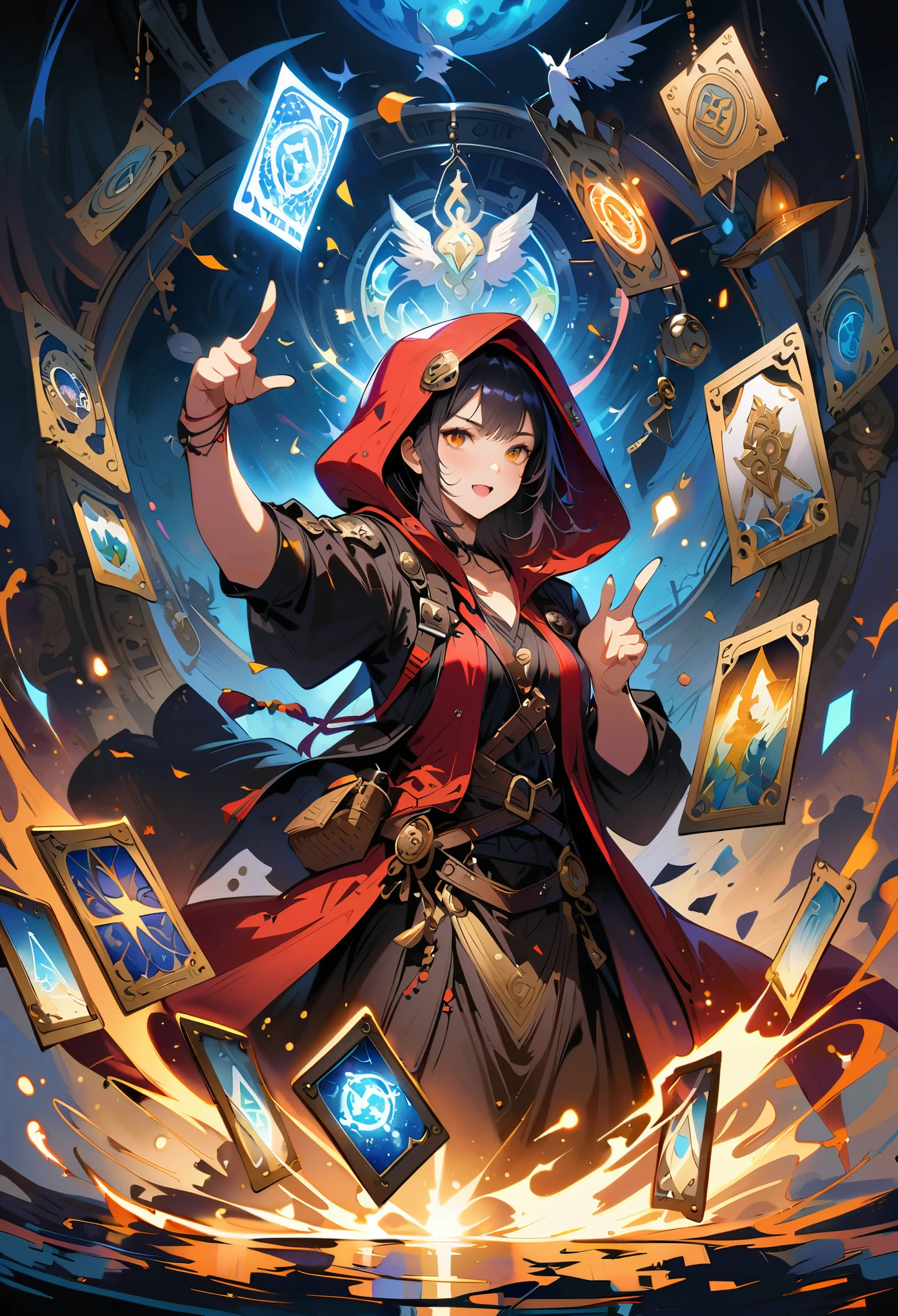 Onmyoji,Metal photo frame,card,tarot cards:1.37.Mysterious fortune teller wearing hood,Finger taps an array of tarot cards in the air,Mystical symbols and elements,ancient mysterious atmosphere,Realistic illustrations,meticulous details,Vibrant and energetic composition,dark style,gothic style