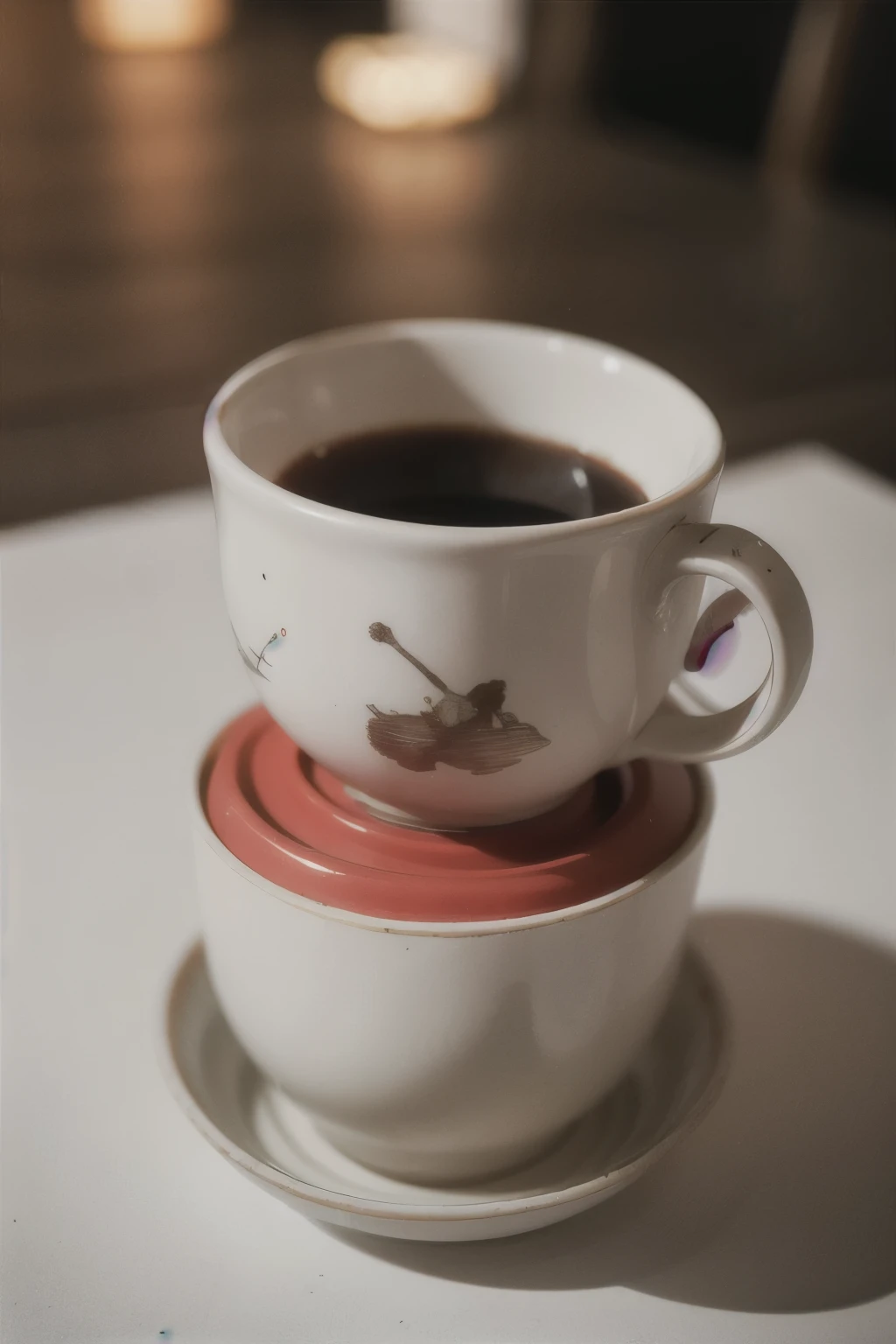 necesito una imagen de una taza blanca, una negra, a blue one and a red one made of ceramic that look blurry and that crosses the photo with a strip that says coming soon