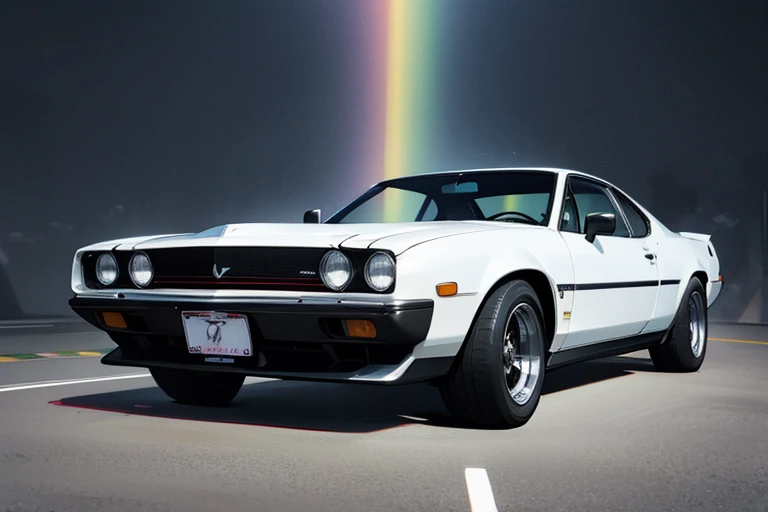 a big car with a flat tire on a rainbow road