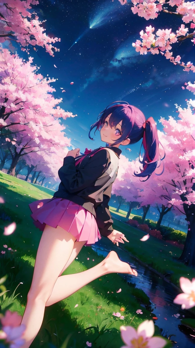 1 anime girl, alone,Black petals flutter, A mysteriously shining butterfly.city,bright pink hair,bright red jewel eyes,twin tails,thin legs,Gloomy cloudy sky,very clear,highest quality,smile,close up of face,looking at me,barefoot,cherry blossoms,turn to the side,cherry blossomsミク,cherry blossoms初音ミク,looking up at the sky,milky way,star