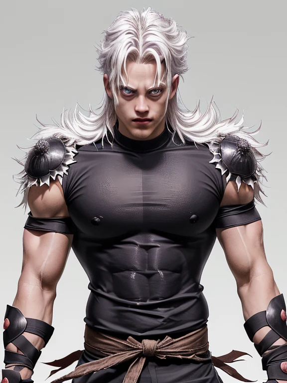 Demon Slayer Swordsman, (sanemi shinazugawa), un hombre musculoso de aspecto imponente, pale skin, albino, white hair spiky and wild and disheveled looking with one strand of hair in the center and another on one side of the face, cicatrices grandes horizontales en la frente y una cicatriz grande en la mitad de su cara, ojos grandes de color morado claro, manic expression, sonriendo con los ojos muy abiertos, lleva puesto el uniformenegro sin abotonar, showing his muscular torso and the numerous scars he has on his body, abdominales marcados, lleva puesta una chaqueta haori blanco, (demon slayer), (kimetsu no Yaiba), cicatrices grandes en la cara, mirada asesina aterradora, aspecto desafiante, actitud violenta