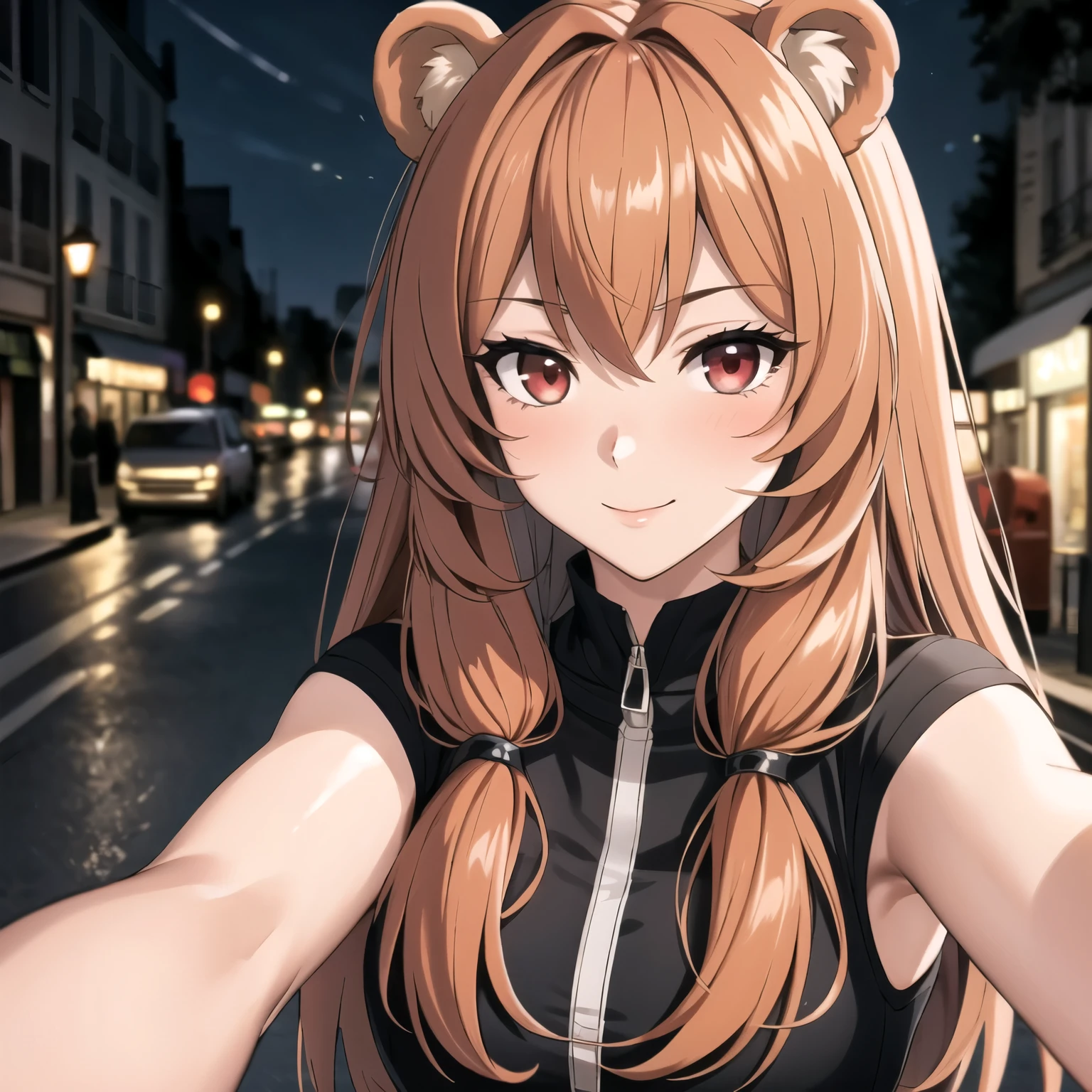 Raphtalia, attractive 25 year old woman, orejas de oso, cabello naranja brillante, detailed ruby red eyes, piel clara sonrisa, rubor, mirada dulce, ropa fitnes escotada ajustada, selfie background streets city paris france at night. selfi