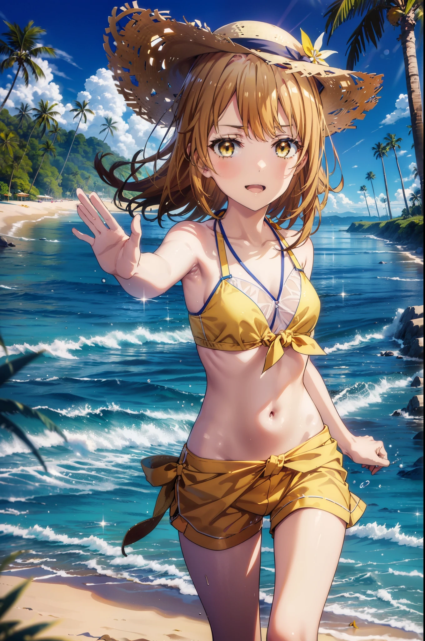 irohaisshiki, iroha isshiki, long hair, brown hair, (brown eyes:1.5), medium chest,happy smile, smile, open your mouth,smile,big straw hat,yellow bikini swimsuit,naked belly,A thin, long yellow blanket is wrapped around her waist., barefoot, beach outfit,real summer,Palm tree, 砂浜
break outdoors, beach,
break looking at viewer,
break (masterpiece:1.2), highest quality, High resolution, unity 8k wallpaper, (figure:0.8), (detailed and beautiful eyes:1.6), highly detailed face, perfect lighting, Very detailed CG, (perfect hands, perfect anatomy),
