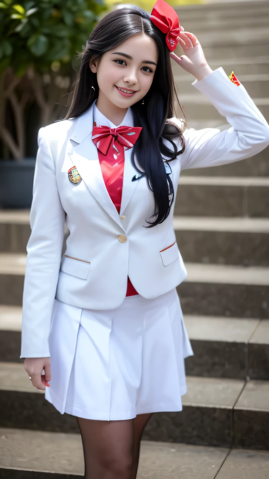 (Girl Standing On School Steps),charming eyes,heartwarming action,turn away from the camera,raise your head,thick long black hair,highly detailed body,highly detailed face,highest quality、(P私NK Underwear),(high school girl),((white blazer、chest emblem))、(white blouse),((red bow tie)),((navy check flare skirt)),(black stockings)、(smile)