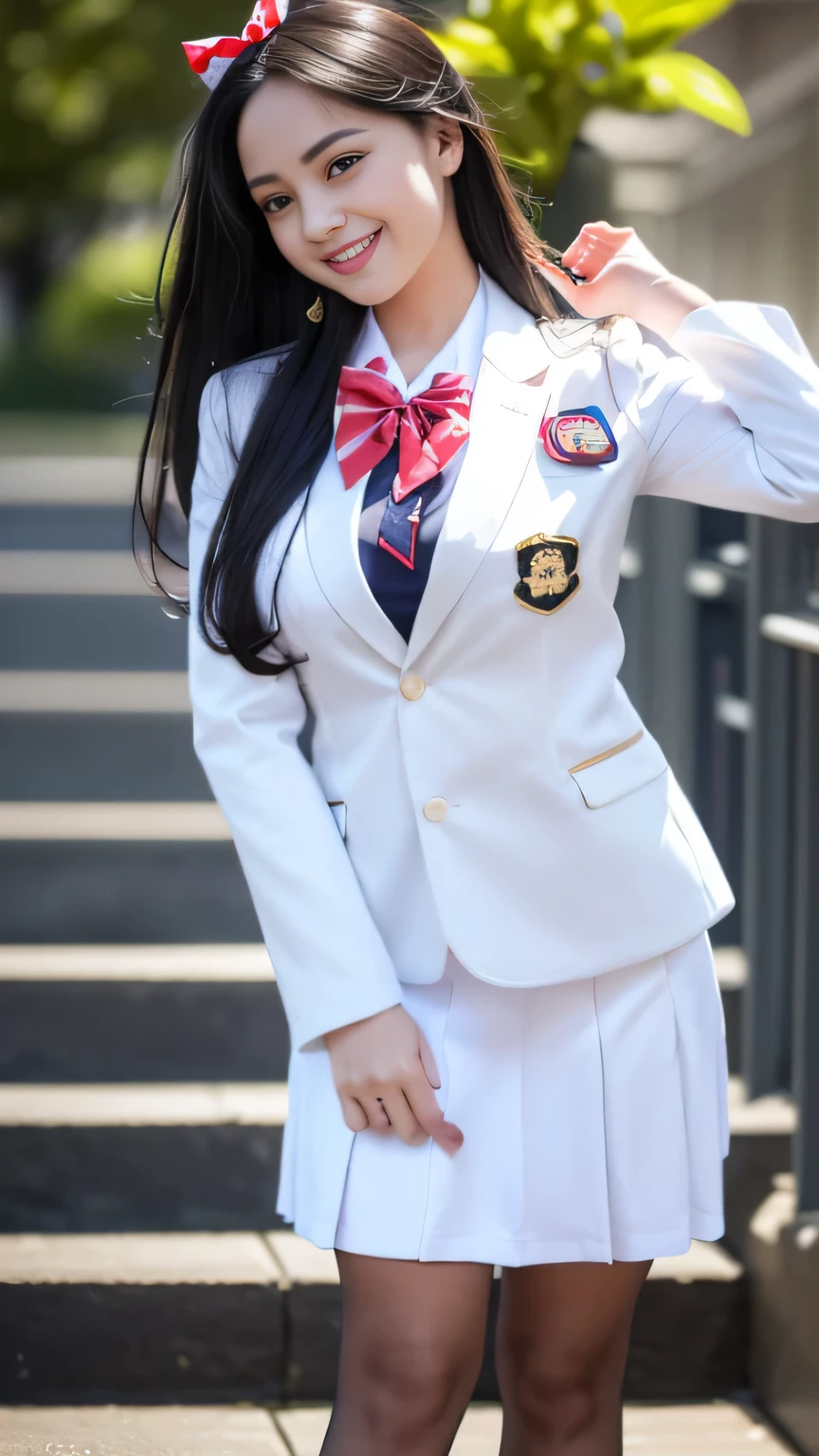 (Girl Standing On School Steps),charming eyes,heartwarming action,turn away from the camera,raise your head,thick long black hair,highly detailed body,highly detailed face,highest quality、(P私NK Underwear),(high school girl),((white blazer、chest emblem))、(white blouse),((red bow tie)),((navy check flare skirt)),(black stockings)、(smile)