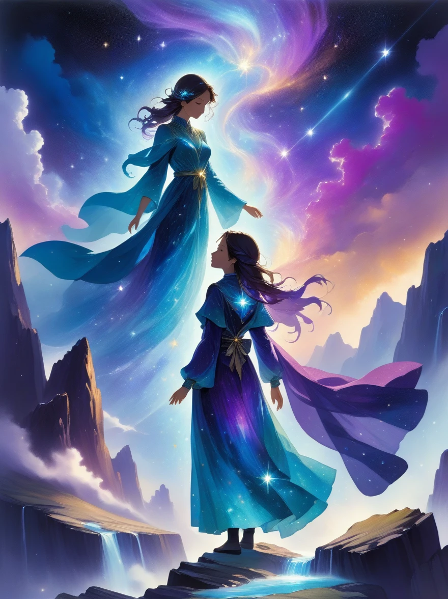 A figure stands on a cliff, enveloped in swirling streams of cosmic energy, amidst a dreamy, nebulous landscape. The silhouette of the person is wrapped in a flowing, ethereal gown that merges with the celestial currents. The sky is a tapestry of deep purples and blues, sprinkled with stars, and the landscape below is hinted at with soft, rolling mountains. The scene is one of tranquility and the sublime, capturing the majestic essence of the cosmos with a single, contemplative figure standing in awe.