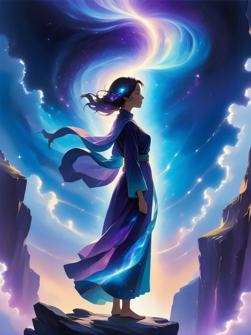 A figure stands on a cliff, enveloped in swirling streams of cosmic energy, amidst a dreamy, nebulous landscape. The silhouette of the person is wrapped in a flowing, ethereal gown that merges with the celestial currents. The sky is a tapestry of deep purples and blues, sprinkled with stars, and the landscape below is hinted at with soft, rolling mountains. The scene is one of tranquility and the sublime, capturing the majestic essence of the cosmos with a single, contemplative figure standing in awe.