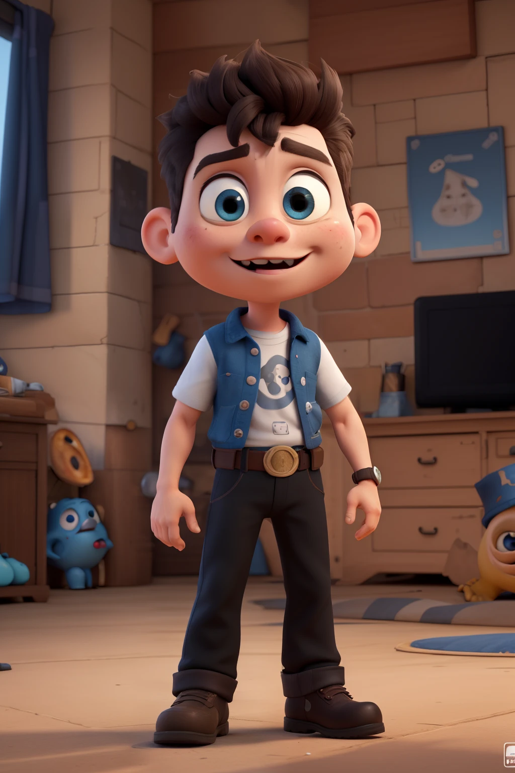 personaje 3D, un hombre muy alto vestido con un traje de comando negro, carrocero, pelo negro muy corto, blue eyes, lindos ojos reflectantes circulares grandes, guantes blancos grandes, botas de combate blancas, white ammunition belt, camiseta negra con motivo de calavera, logo de calavera en el pecho, sosteniendo una pistola colt 45, (cinematographic composition), (estilo pixar:1.2), (CGI animation: 1.2), (disney: 1.2), (dibujos animados: 0.2), (Mejor calidad, obra maestra, 4k, ultra detallado, sharp focus, 8K, High Definition:1.2), (por Danny Mac 3D, por Follygon), (obra maestra: 1.2), absurdos