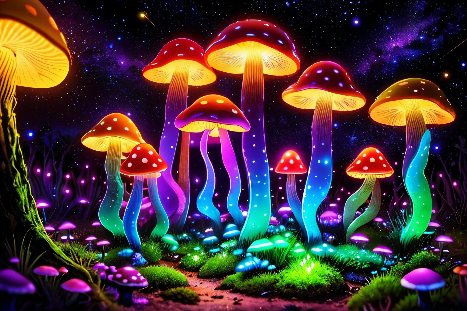 (Very detailed:1.2),(best quality:1.2),8K,sharp focus, (subsurface scattering:1.1)
(Glowing magic bioluminescent mushrooms:1.2),Psychedelic magic particles in the air,  (neon bioluminescent mushroom forest at night:1.2), (Magical fireflies:1.2)
(Very detailed的树木、Rocks and mosses:1.2), (Very detailed background:1.3), role playing game, Eldon ring style, (fantasy:1.3),(surreal:1.1), (((night))), movie lighting, Very detailed, art station,Smooth, sharp focus, type germ, Greg Rutkoski, Edited picks, trending on art station, Trending on deviantart, Wallop, (Compared:0.4),