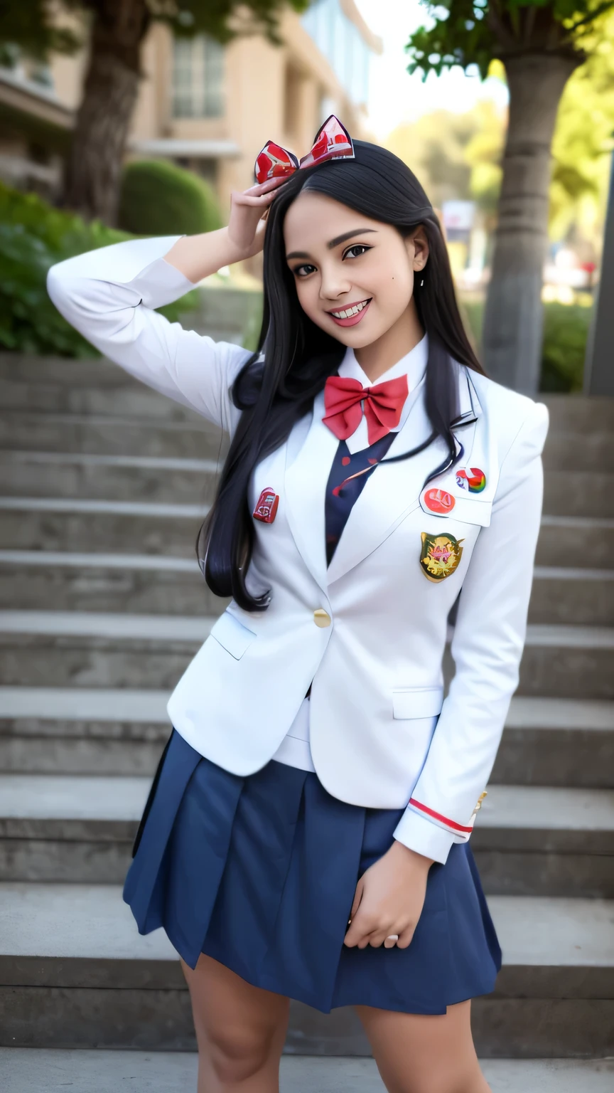 (Girl Standing On School Steps)，charming eyes，heartwarming action，turn away from the camera，raise your head，thick long black hair，highly detailed body，highly detailed face，highest quality、(P私NK Underwear),(high school girl),((white blazer、chest emblem))、(white blouse),((red bow tie)),((navy check flare skirt)),(black stockings)、(smile)
