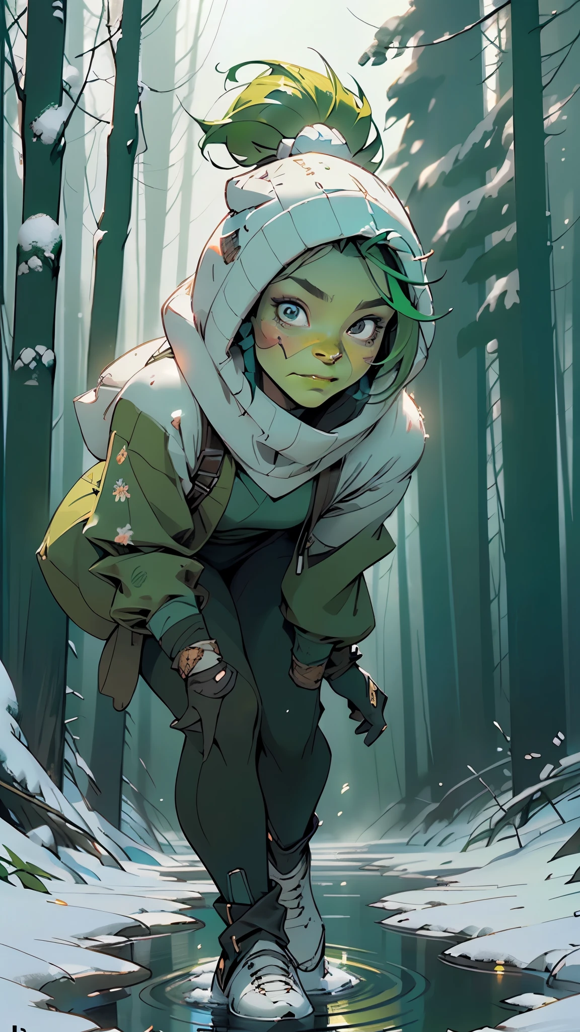 goblin, (((young green-skinned:1.3)), warmly dressed, (winter clothes, medieval clothes) goblin stands in the snow, the goblin is acting as a sentinel. The details of the goblin's warm clothes are visible, showing its worn nature,The green skin of the goblin is vibrant, emphasizing its otherworldly appearance, the goblin is young, about 20 years old, has a sharp, green, smart but slightly menacing face, (nice face, normal green nose, face of a magic adept, goblin face), The color palette is dominated by earthy tones,
(ultra-detailed:1.3), beautiful detailed glow, finely detailed,
(dynamic pose:1.0),(centered,scale to fit dimensions,Rule of thirds),(full body:1.2),
((snowy pine forest at night, dark forest, swamp, murky water, foggy, creepy aura, eerie atmosphere)),with dark stormy clouds,winter,scenery:1.25,intricate scenery,((snow forest background)),
(Glossy winter ornaments),highres,sharp focus,(ultra detailed,extremely detailed),(photorealistic artwork:1.37),(extremely detailed CG unity 8k wallpaper),(((vibrant colors,vibrant theme))),(intricate),(masterpiece),(best quality),artistic photography,(photography taken by sldr),(intricate background),perfect rendered face,perfect face details,realistic face,photo realistic,((intricate detail)),(((realism))),