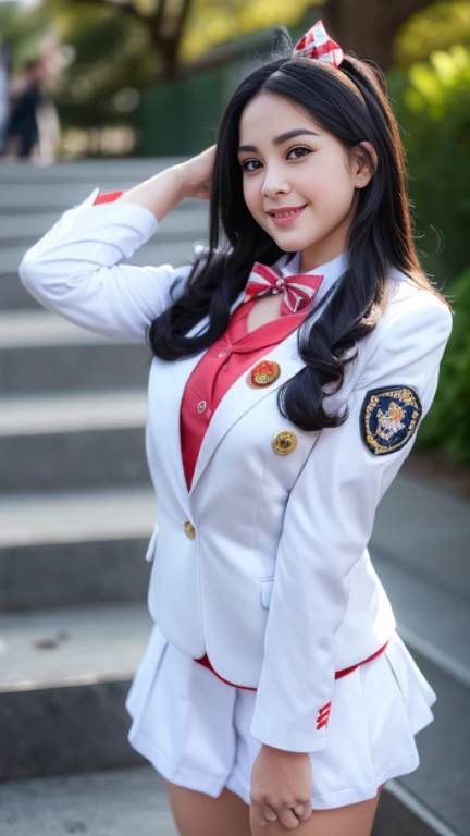 (Girl Standing On School Steps)，charming eyes，heartwarming action，turn away from the camera，raise your head，thick long black hair，highly detailed body，highly detailed face，highest quality、(P私NK Underwear),(high school girl),((white blazer、chest emblem))、(white blouse),((red bow tie)),((navy check flare skirt)),(black stockings)、(smile)