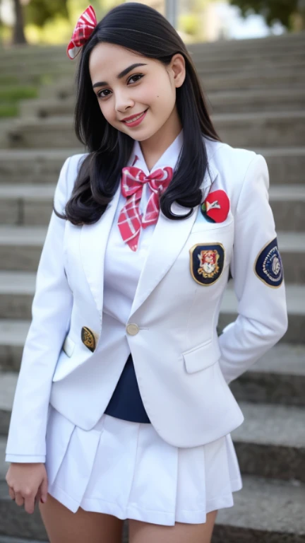 (Girl Standing On School Steps),charming eyes,heartwarming action,turn away from the camera,raise your head,thick long black hair,highly detailed body,highly detailed face,highest quality、(P私NK Underwear),(high school girl),((white blazer、chest emblem))、(white blouse),((red bow tie)),((navy check flare skirt)),(black stockings)、(smile)