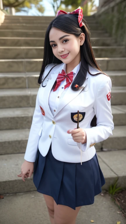 (Girl Standing On School Steps),charming eyes,heartwarming action,turn away from the camera,raise your head,thick long black hair,highly detailed body,highly detailed face,highest quality、(P私NK Underwear),(high school girl),((white blazer、chest emblem))、(white blouse),((red bow tie)),((navy check flare skirt)),(black stockings)、(smile)