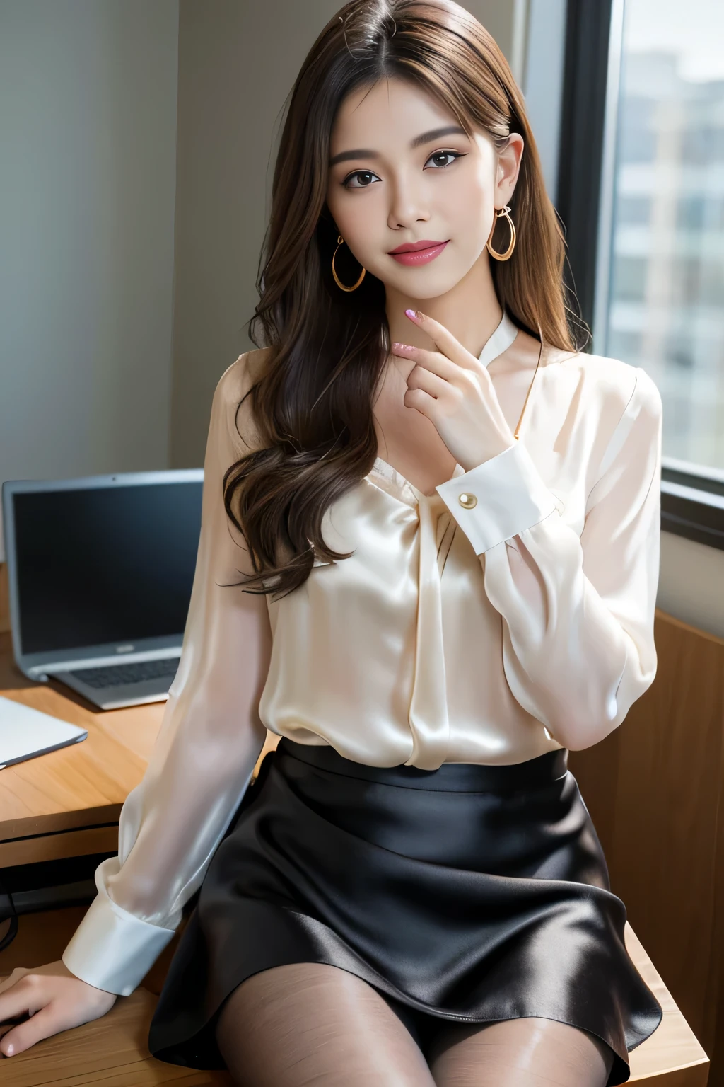 Ulchan-6500-v1.1, (Raw photo:1.2), (Photoreal), (See-through:1.3), (genuine:1.4), 1with a girl、25 years old、game_nffsw, big eyes(eye), smile of shame、brown semi-long hair、curly hair、pretty girl、(Elegant silk blouse:1.3), (super realistic pantyhose:1.2), (mini skirt:1.2), sitting in the office and working at the desk、realistic skin texture、shiny skin、big earrings、thin lips