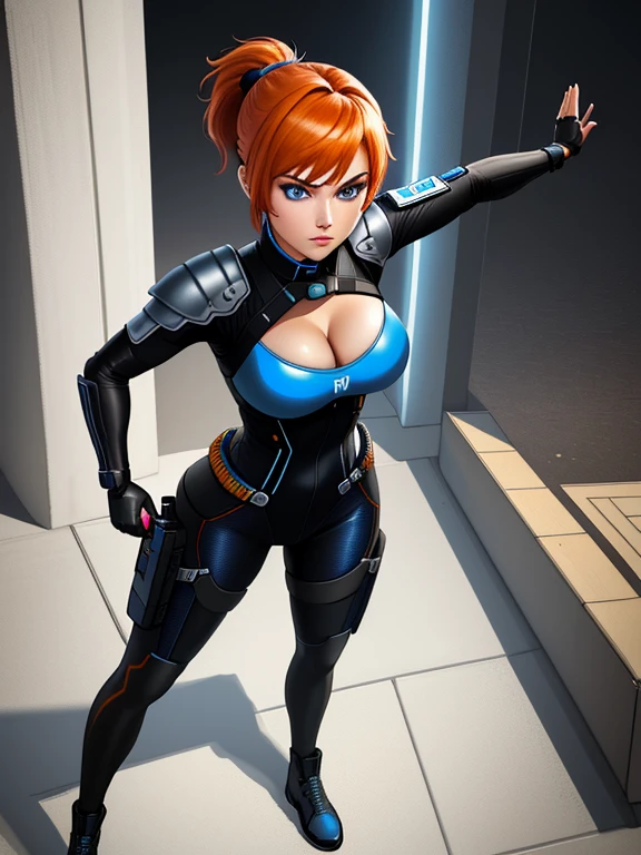 1girl, Sexy Experienced Cyberpunk Agent, ((32year old, dressed in a tight futuristic sci-fi bodysuit, cleavage, utility belt, armor, boots, medium breasts, short orange hair, pony tail styled hair, light skin, natural makeup, athletic body:1.3, detailed blue eyes:1.5, looking fiercely at the viewer:1.3, holding two pistols with both hands:1.2)) heroic pose, full-length, full body, fight scene, full-length, super face detail, Very detailed, 8k, dark tone, dark shadow, glow in the dark, game color correction, (HDR, UHD, k, best quality, RAW photo, best quality, masterpiece: 1.5), UHD, hd, k, hyperrealism, very detailed, hyperrealism, very detailed, in hyper-realistic detail, hyper-realistic full-body detail, high detailed, digital painting, trending on artstation, HD quality