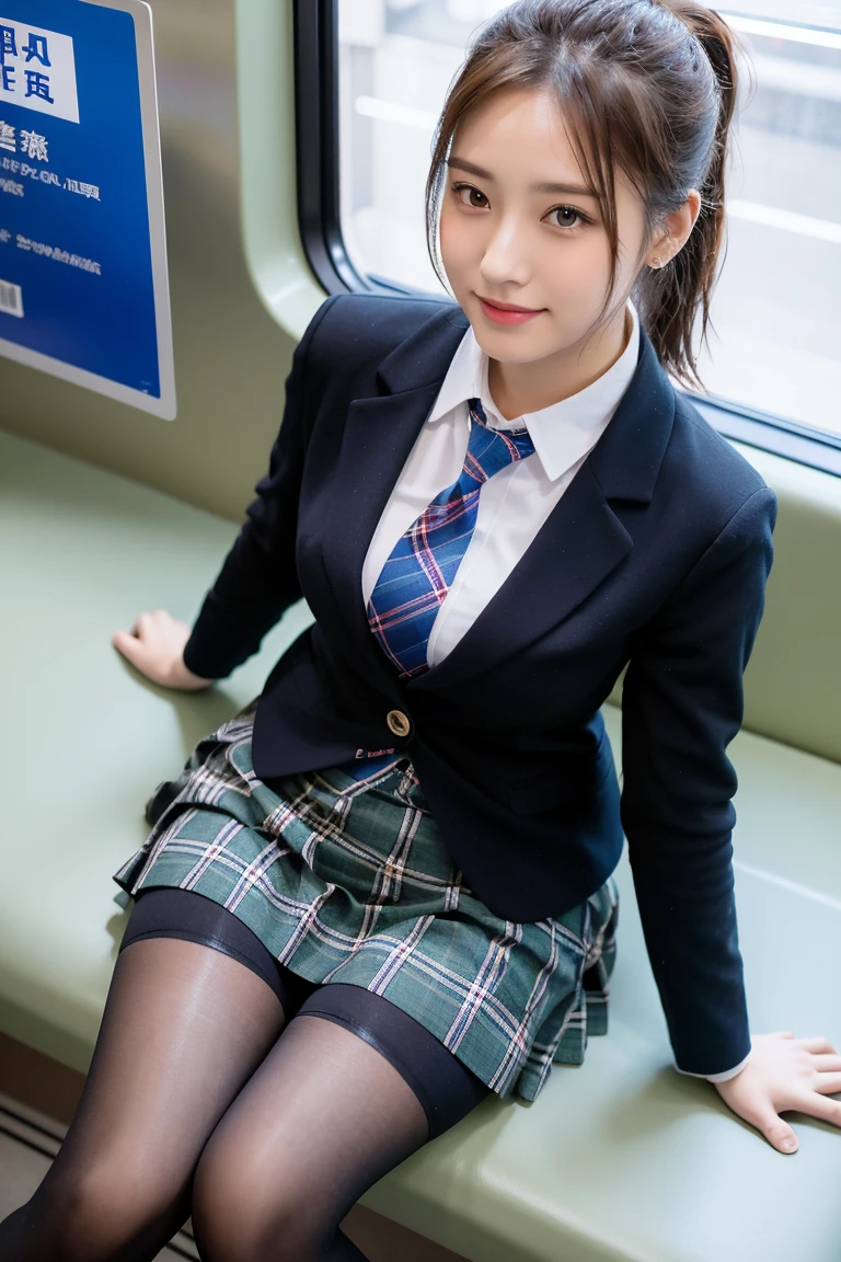 (8K), (highest quality: 1.2), (realistic), (realistic: 1.37), ultra high resolution, 1 girl, cute, smile, closed mouth, beautiful details, beautiful nose, wet hair, giant dulcefo, pork, thighs,Self snap,University Student Uniform,Sitting on a Tokyo train,simple blazer,pleated skirt,(The pattern of the skirt and tie is a tartan check pattern..:1.3),cross your legs, From above,thighs,ponytail,opaque knee high tights