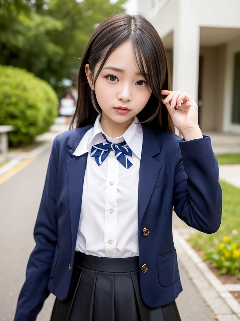 (masterpiece, highest quality:1.4), award-winning portraits, 8K, 85mm, alone, beautiful face, delicate girl, , (dark navy blazer jacket), dark navy skirt, long sleeve, violaces, gardenia, grace, Sophisticated, cute, teen, looking at the viewer, , Raw photo, disorganized, HDR, sharp focus, A bow tie, background bokeh、(((flat 、thin and delicate body、A childish atmosphere)))、Her shiny semi-long hair is tied up、hair swaying in the wind、Mole on the left cheek、large, round, dark blue eyes、full body、random pose、Run、sprinting、Skirt fluttering in the wind、Junior idol、Nogizaka Idol、widening skirt、jump、mole under eye、sexy、