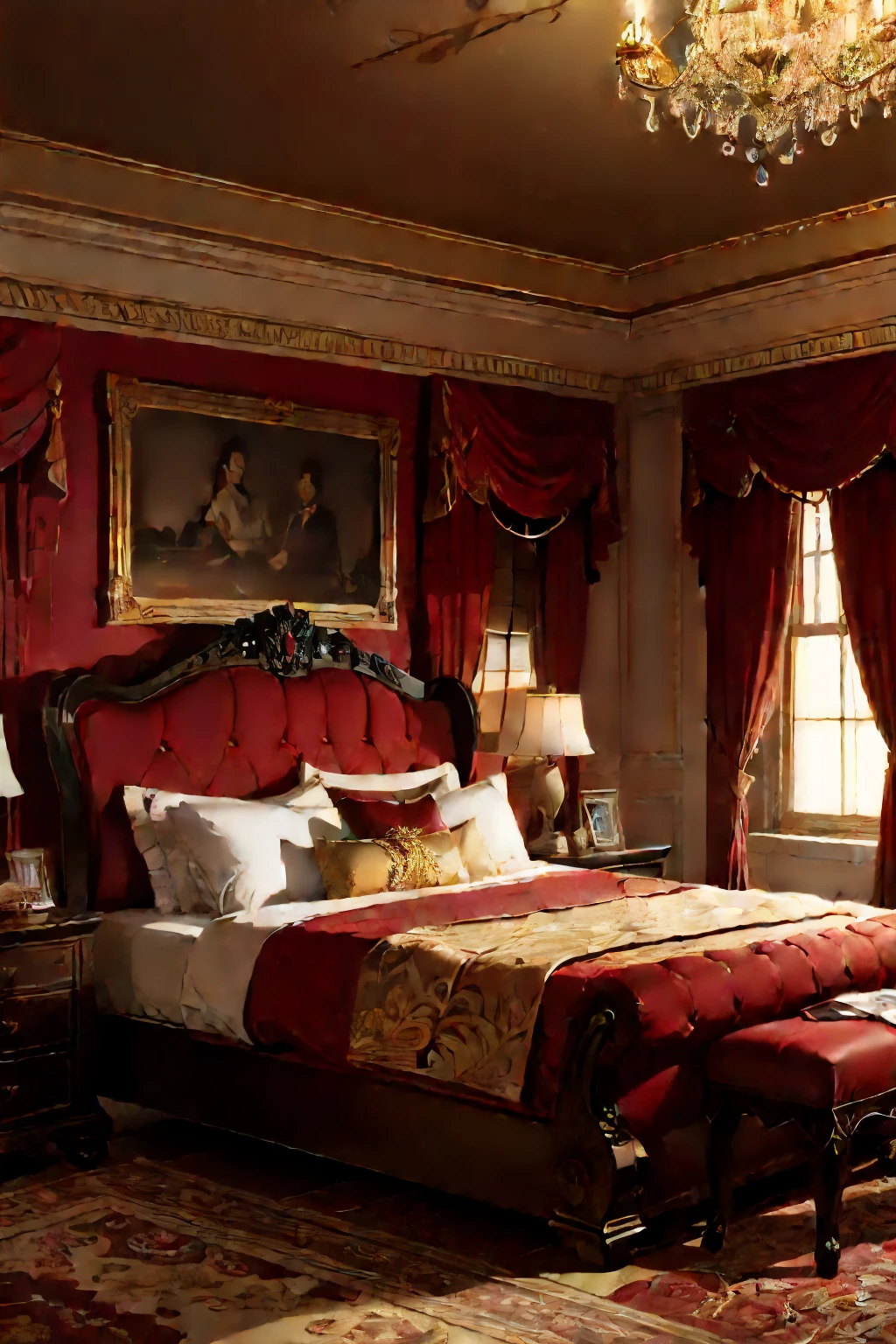 Priceless bedroom, adorned with lavish furnishings and rich textures, hyper-realistic rendering, immaculate details, velvet upholstery, golden accents, plush carpets, crystal chandelier, vibrant art pieces, antique wood furniture, soft lighting, mirror reflections, masterpiece quality, 4K resolution, HDR, UHD, cinematic color palette, lifelike shadows and highlights, realistic fabric folds, the ultimate representation of luxury and elegance, a true work of art.